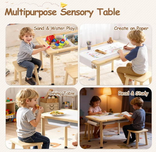 Prime Picks Wooden Sensory Table, Indoor Activity Desk