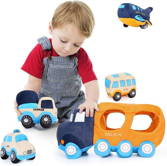 Big Car Stuffed Plush Toy, Soft Truck Toy Set with 4 Stuffed Baby
