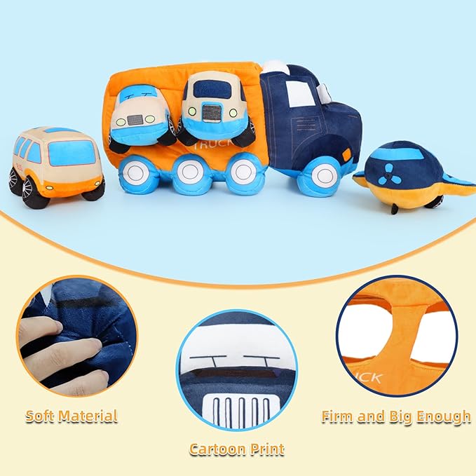 Big Car Stuffed Plush Toy, Soft Truck Toy Set with 4 Stuffed Baby