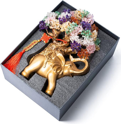 Crystal Money Tree on Gold Elephant Statue - Home Decor Item