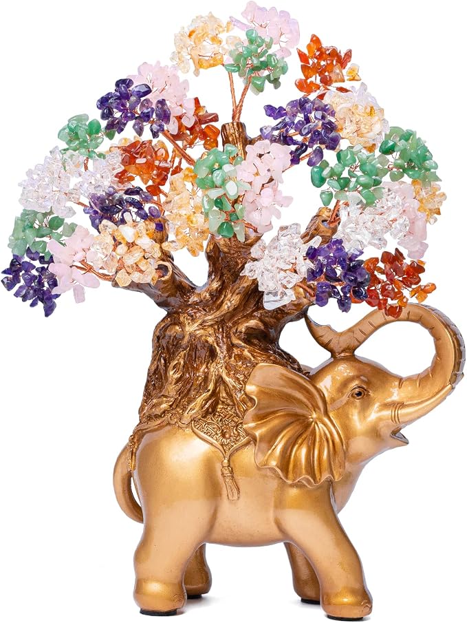 Crystal Money Tree on Gold Elephant Statue - Home Decor Item